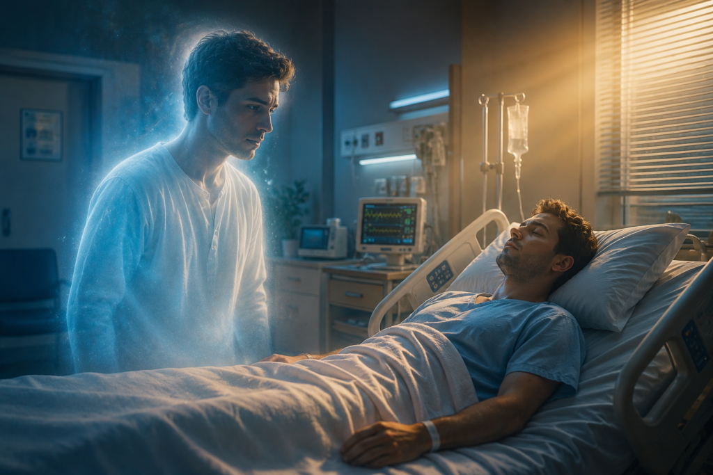 Thumbnail YouTube 16:9 extremamente emocional e realista, espírito recém-desencarnado observando o próprio corpo hospitalar ao fundo, luz dourada atravessando o cenário, ambiente dividido entre hospital terrestre e plano espiritual iluminado, expressão de choque e reflexão, atmosfera espiritual cinematográfica, cores azul escuro, dourado e branco, texto grande e legível: “O QUE ACONTECE APÓS A MORTE?” e menor: “SEGUNDO O ESPIRITISMO”, alta taxa de clique, composição limpa, incluir marca d’água discreta: “Centro Espírita Amor e Caridade”.