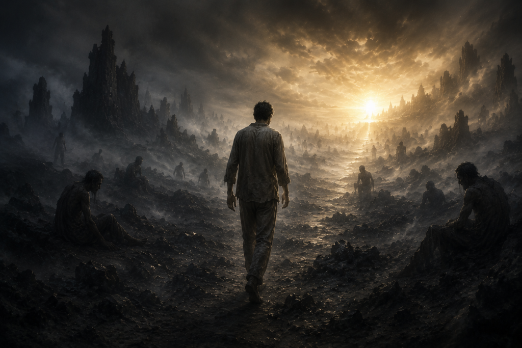 Região espiritual sombria inspirada no umbral espírita, atmosfera densa porém sem terror exagerado, espírito caminhando sozinho em ambiente nebuloso, luz espiritual distante ao fundo trazendo esperança, estilo cinematográfico realista, espiritualidade kardecista.