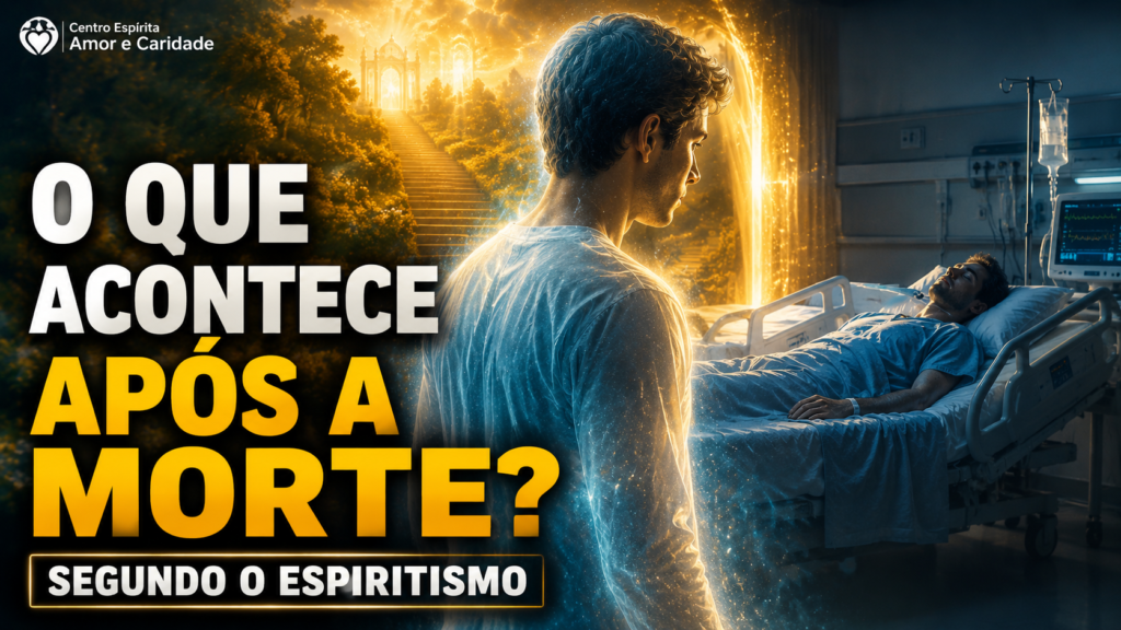 Thumbnail YouTube 16:9 extremamente emocional e realista, espírito recém-desencarnado observando o próprio corpo hospitalar ao fundo, luz dourada atravessando o cenário, ambiente dividido entre hospital terrestre e plano espiritual iluminado, expressão de choque e reflexão, atmosfera espiritual cinematográfica, cores azul escuro, dourado e branco, texto grande e legível: “O QUE ACONTECE APÓS A MORTE?” e menor: “SEGUNDO O ESPIRITISMO”, alta taxa de clique, composição limpa, incluir marca d’água discreta: “Centro Espírita Amor e Caridade”.